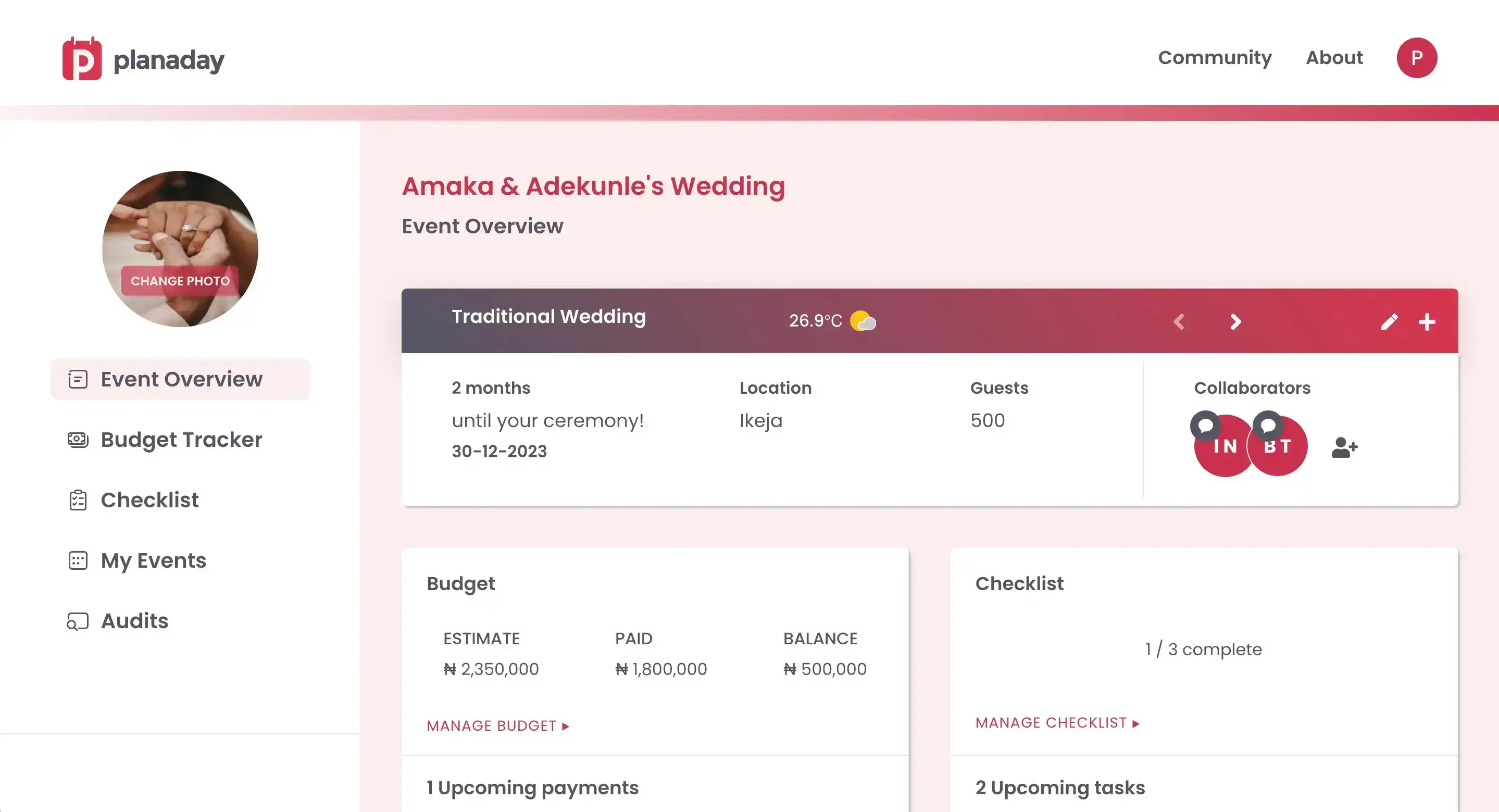 Planaday wedding dashboard screen